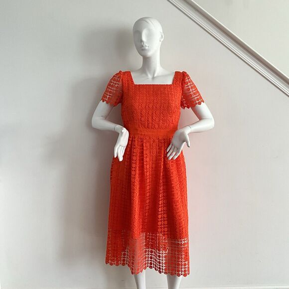 Talbots Lace Square Neck Fit & Flare Dress In Bright Tangerine 10 - Picture 5 of 9